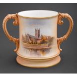 A Royal Worcester sporting prize cup, 1914, painted by R Rushton, signed, with Worcester Cathedral