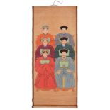 A Chinese ancestor commemorative portrait, probably late 19th c, of three men and three woman, ink