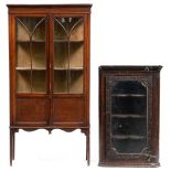 An Edwardian mahogany and line inlaid china cabinet, 171cm h; 33 x 89cm and a Victorian carved oak