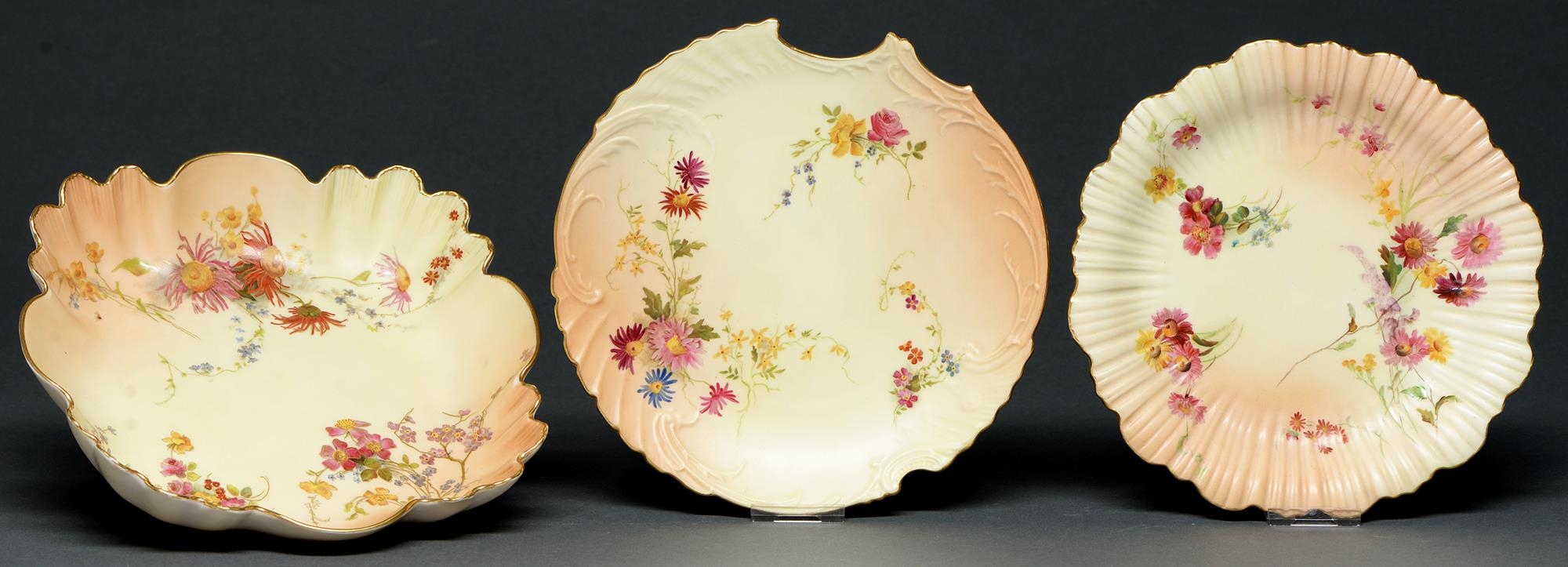 A Royal Worcester shell shaped dessert dish, Moore dessert plate and another, 1897-99, printed and