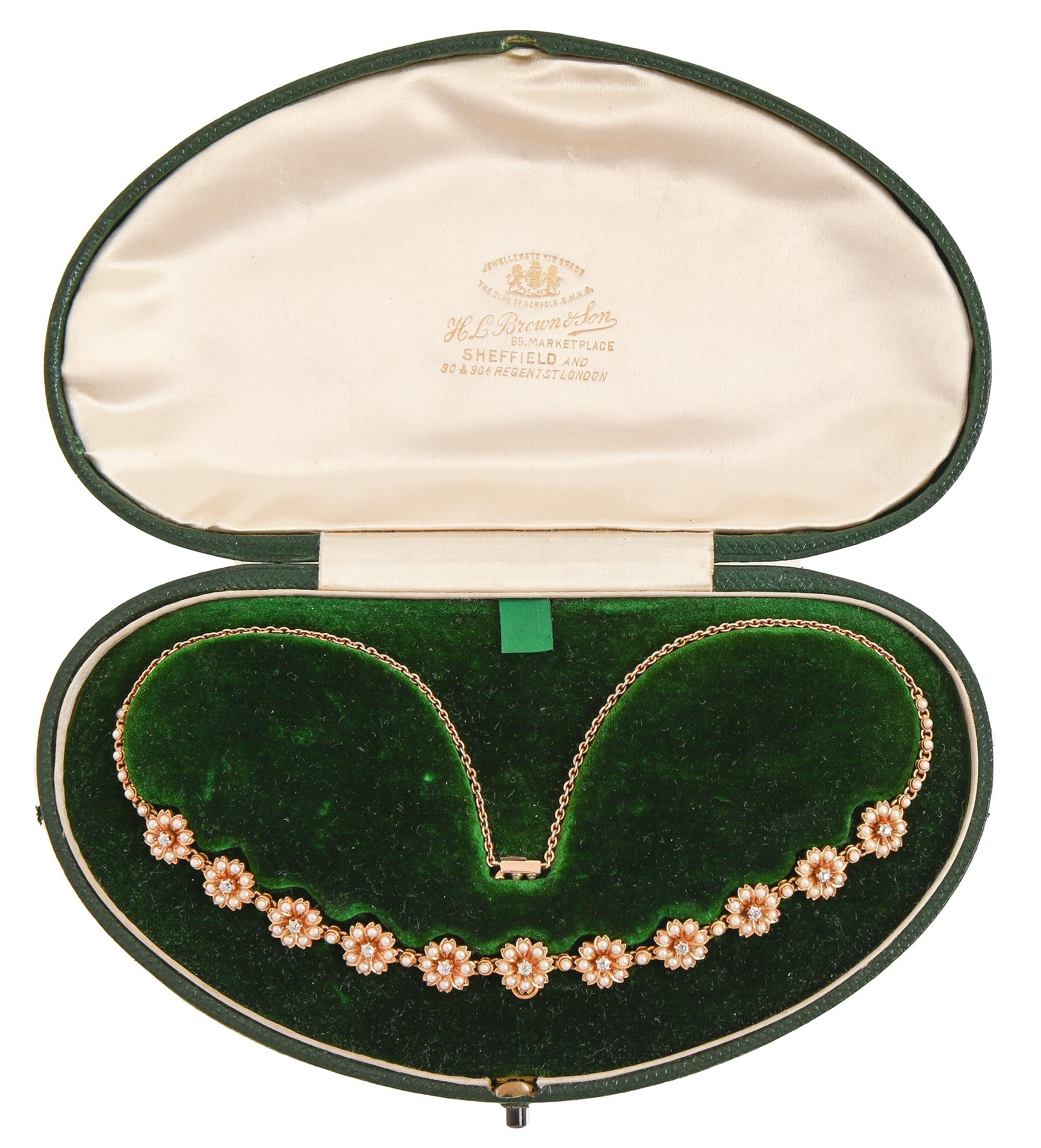 A diamond and split pearl necklet, early 20th c, the eleven flower clusters divided by single - Image 2 of 2