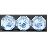 A set of three Chinese export blue and white octagonal soup plates, late 18th c, painted with