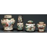Three Chinese crackle glazed jars, a cover and a vase, early 20th c, typically decorated with