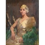Arthur Spooner RBA (1873-1962) - Portrait of a Lady, seated three quarter length in an ivory satin