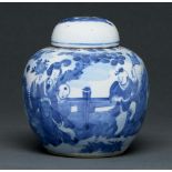 A Chinese blue and white ginger jar, late 19th c, painted with two boys and a young woman beneath