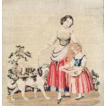 A Victorian Berlin woolwork picture of a young woman, child and dog, 45 x 43cm, rosewood frame