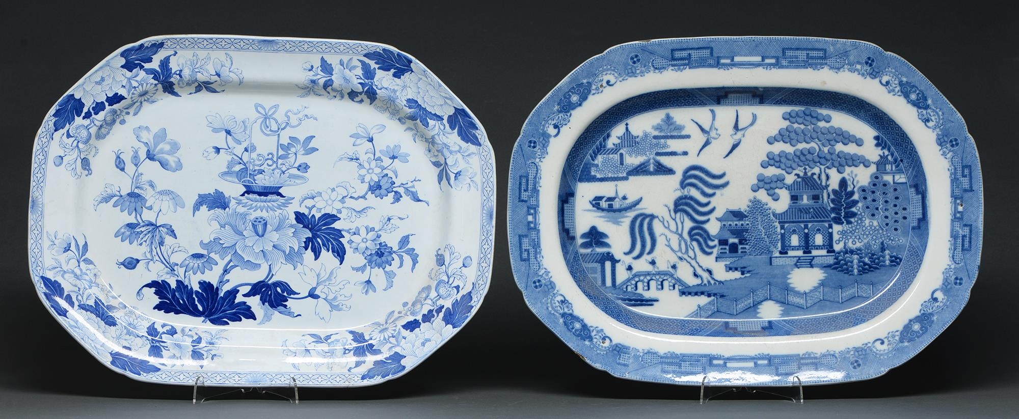 A Staffordshire blue printed pearlware Willow pattern meat dish, possibly Spode, c1810, 53.5cm l and