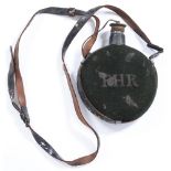 Militaria. Accoutrements, Robin Hood Rifles water bottle and stopper, on leather strap, WWI