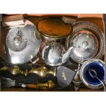 Miscellaneous plated wear,  to include muffin dish, vegetable dish and cover, teapot and brassware