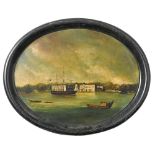 A Victorian oval papier mache tea tray, painted with a scene on the River Thomas with the Royal