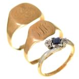 A diamond and synthetic sapphire three stone ring,  illusion set, gold hoop, marked 9ct & PLAT, size
