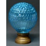 A French blue glass 'Boule Escallier', late 19th c, brass mount, 14cm h Bruised near foot