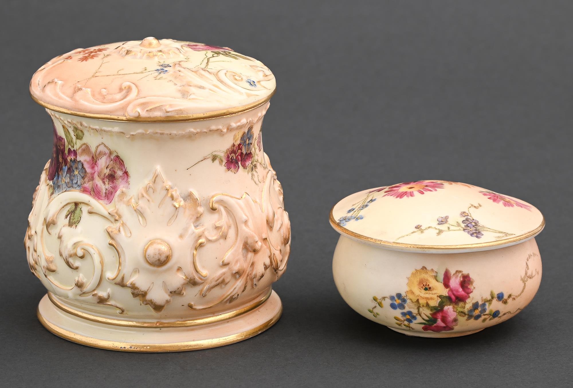 A Royal Worcester puff box and cover  and a pot and cover, 1893 and circa, printed and painted