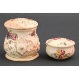 A Royal Worcester puff box and cover  and a pot and cover, 1893 and circa, printed and painted