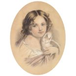 Victorian School - Young Girl with a Dove, charcoal and black and white chalk on coloured paper,