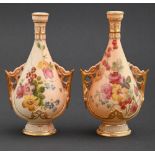 Two Royal Worcester vases, 1898 and circa, with pierced handles, printed and painted with wild
