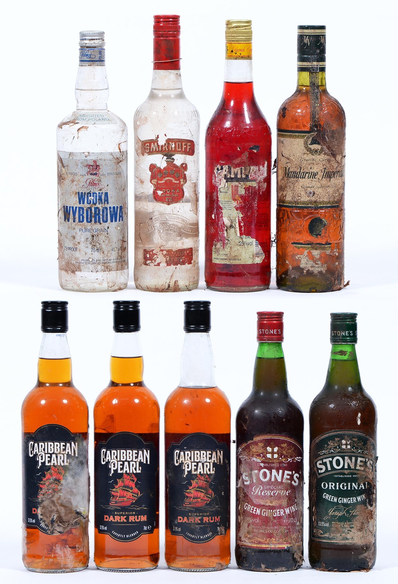 Spirits and liqueurs, to include rum (3), vodka (2), Stones Ginger Wine (2), Campari (1) and