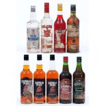 Spirits and liqueurs, to include rum (3), vodka (2), Stones Ginger Wine (2), Campari (1) and