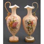 Two Royal Worcester ewers, 1897 and 1906, printed and painted with wild flowers on a shaded