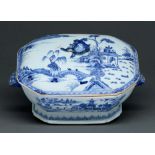A Chinese export blue and white soup tureen and cover, late 18th c, painted with landscapes with