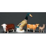 A Beswick model of a Hereford bull, Guernsey calf, donkey foal and mallard duck, last 33.5cm h,