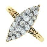 A diamond navette cluster ring, c1900, with old cut diamonds (head 13 x 20mm), gold hoop, size P,