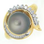 A grey cultured pearl and diamond ring, with approx. 10mm central cultured pearl, in gold marked