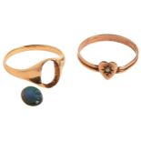Two gold rings, one with (detached) black opal doublet, 3.2g, size M and N Both with wear consistent