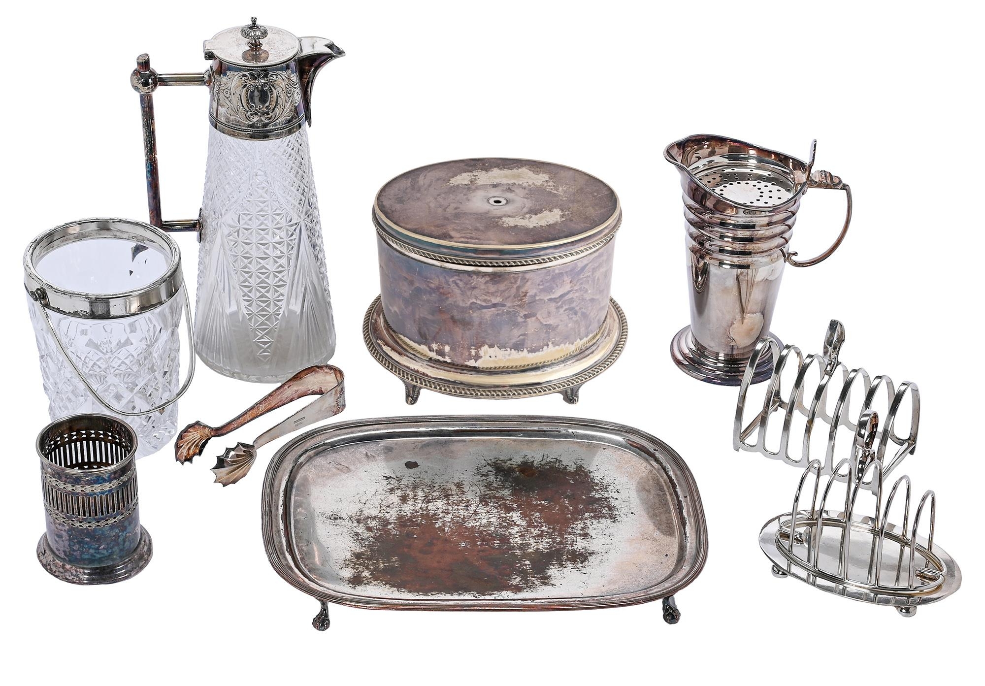 Miscellaneous plated articles,  to include an Edwardian oval biscuit barrel, EPNS mounted cut
