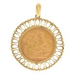 Gold coin. Sovereign 1908, in 9ct gold mount, 10.8g