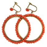 A pair of coral bead hoop earrings,  giltmetal mounted,, late 19th/early 20th c, 44mm diam Condition