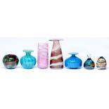 Five Mdina glass vases and two paperweights, c1970-80's, largest vase 22cm h, engraved Mdina Good