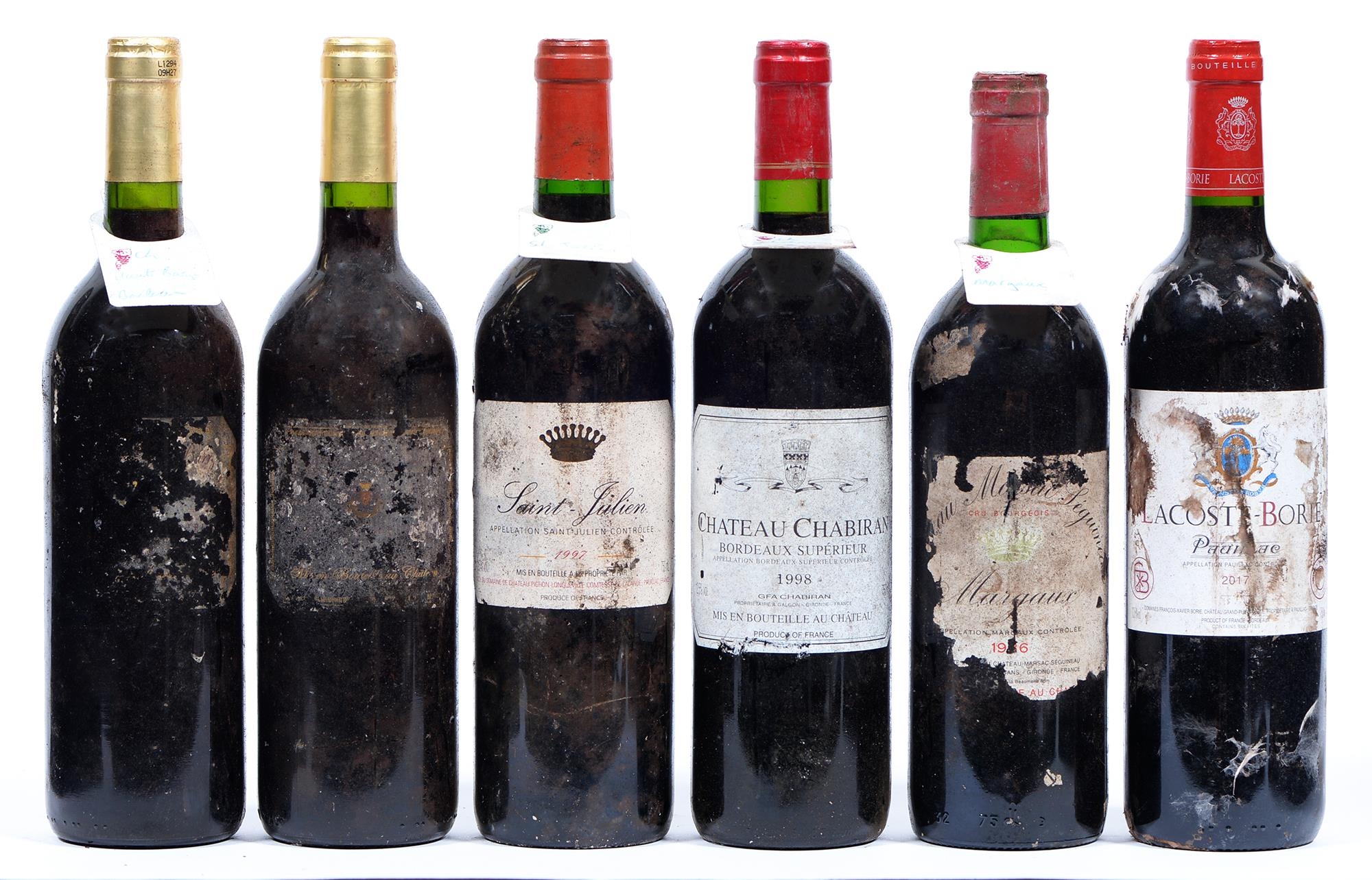 Chateau Marsac Seguineau, 1986, one bottle, Chateau Chabiran, 1998, CB, one bottle, Lacoste Borie