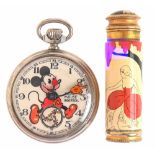 An Ingersoll plated metal keyless Mickey Mouse pocket watch, c1930, 50mm, original pictorial card