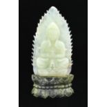 A Chinese jade carving of Buddha, 26cm h, carved stone stand Slight faults and unstable on stand