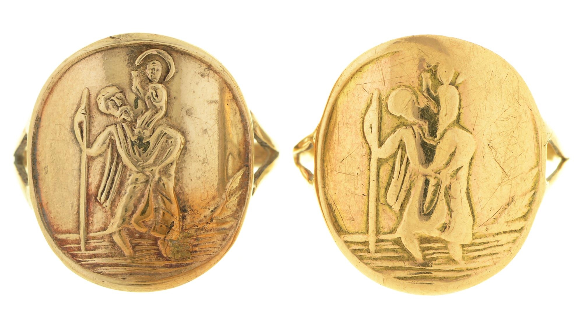 Two 9ct gold St Christopher rings, both Birmingham, 1966 and circa, 6.2g, size J and O Both worn