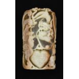 A Chinese jade boulder carving of phoenix and dragon with heart and shou, 14cm h Good condition