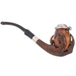 A Continental silver mounted carved meerschaum eagle's claw tobacco pipe, c1900, with pierced and