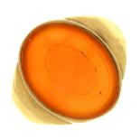 A cornelian signet ring,  in gold, marked 0750 in lozenge punch, 8.5g, size F Cornelian in good