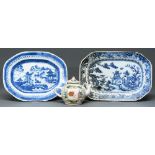 A Chinese famille rose teapot and a cover, late 19th c, 10cm h and two Chinese export blue and white