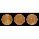 Gold coins. Half sovereign 1887 (shield), 1907 and 1908