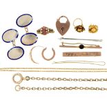 Miscellaneous gold articles, to include a pair of oval blue enamel cufflinks and several damaged