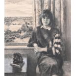 English School, 20th c – Girl by an Open Window, indistinctly signed, charcoal and black and white