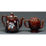 A Rockingham brown glazed Cadogan teapot, mid 19th c, 15cm h and a Victorian Barge ware teapot and