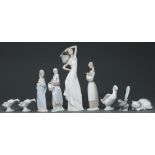 Six Lladro figures and birds and four other similar figures and animals, various sizes, printed mark