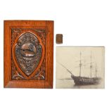 Nelson interest. A copper electrotype and carved oak relief of materials made from HMS