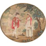 A George III silk picture of a young gentleman paying a compliment to an attractive young gleaner,
