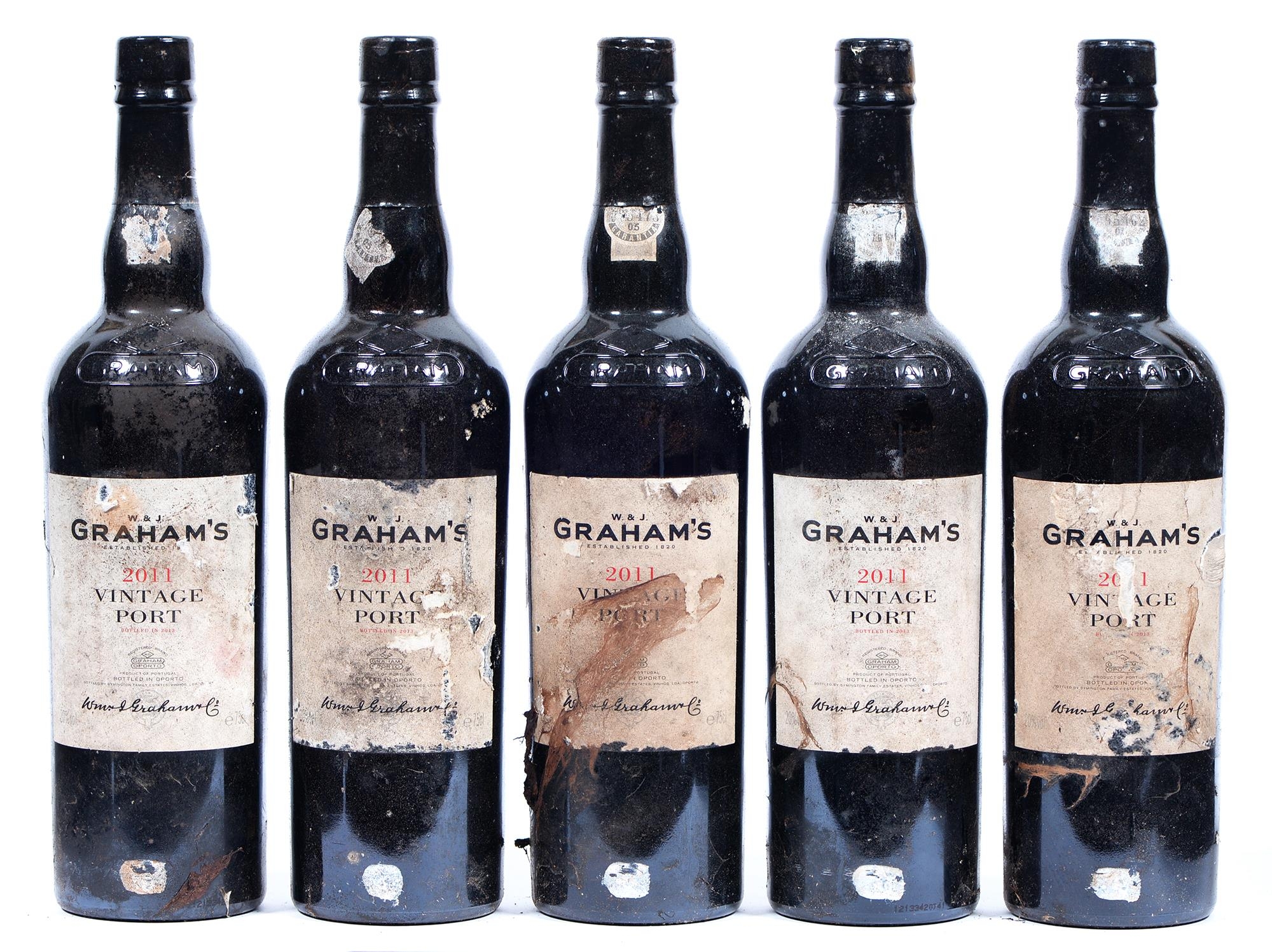 W & J Graham's Vintage Port, 2011, five bottles, branded foil capsules, labels fair, levels good