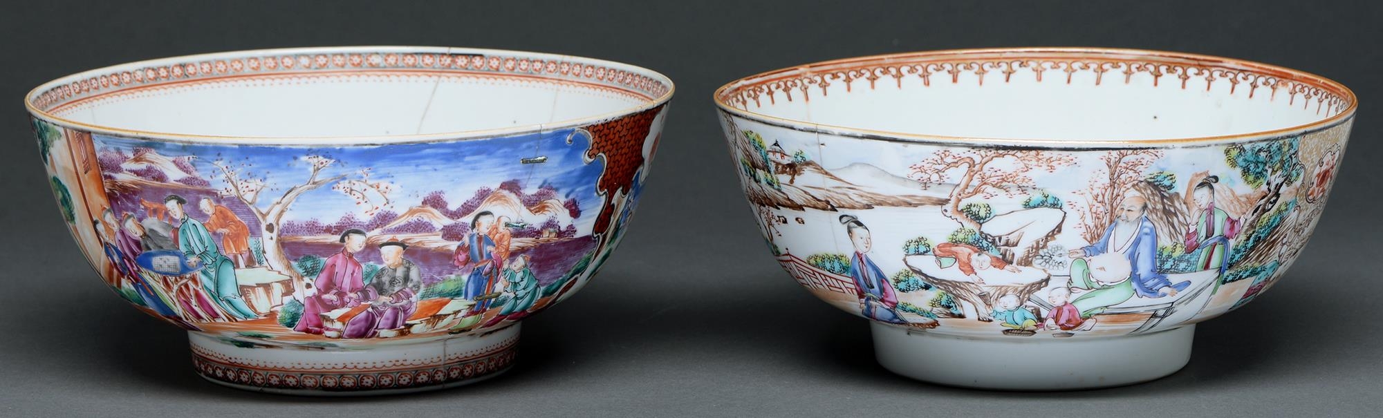 Two Chinese export porcelain punch bowls, late 18th c, richly decorated in famille rose enamels