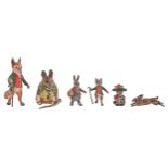 Six miniature cold painted bronze statuettes of characters from Beatrix Potter's books, second